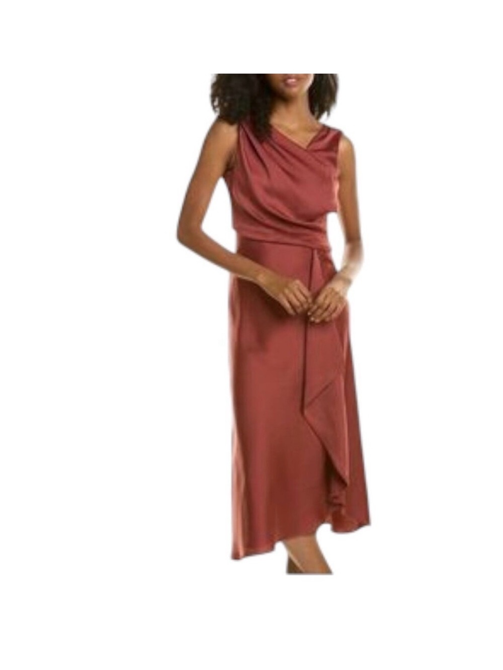 Just...Taylor Rust Brown Satin Midi Dress with Side Ruffle